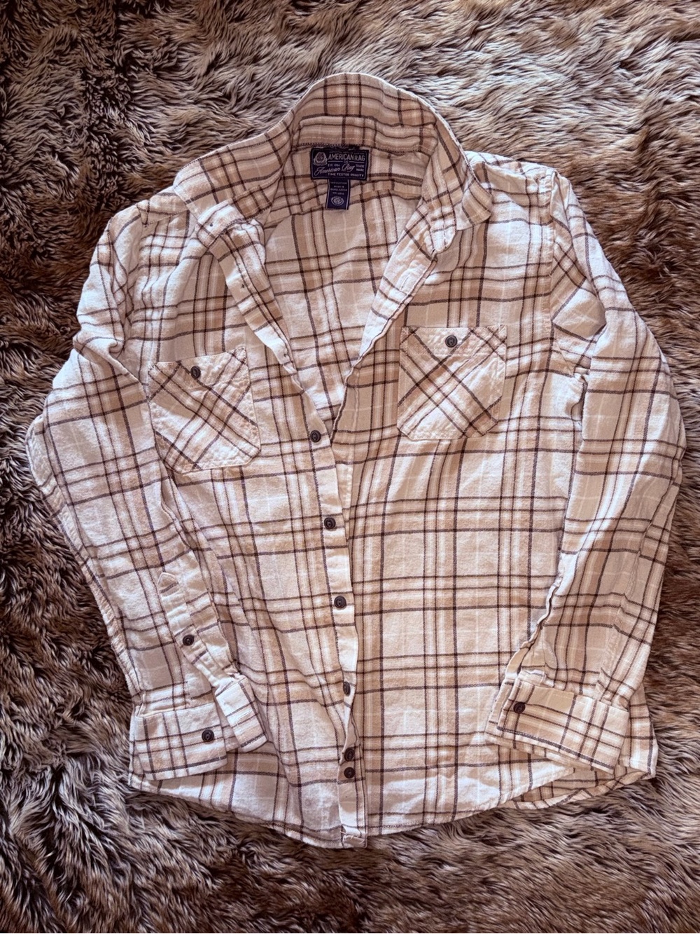 American Rag Men’s Cream and Brown Plaid Button-Down Shirt